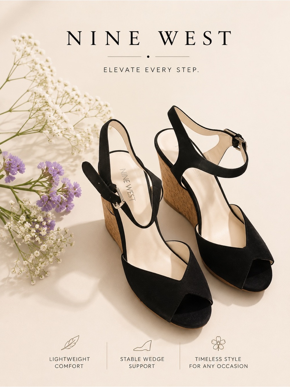 Nine West Black Open-Toe Cork Wedge Sandals